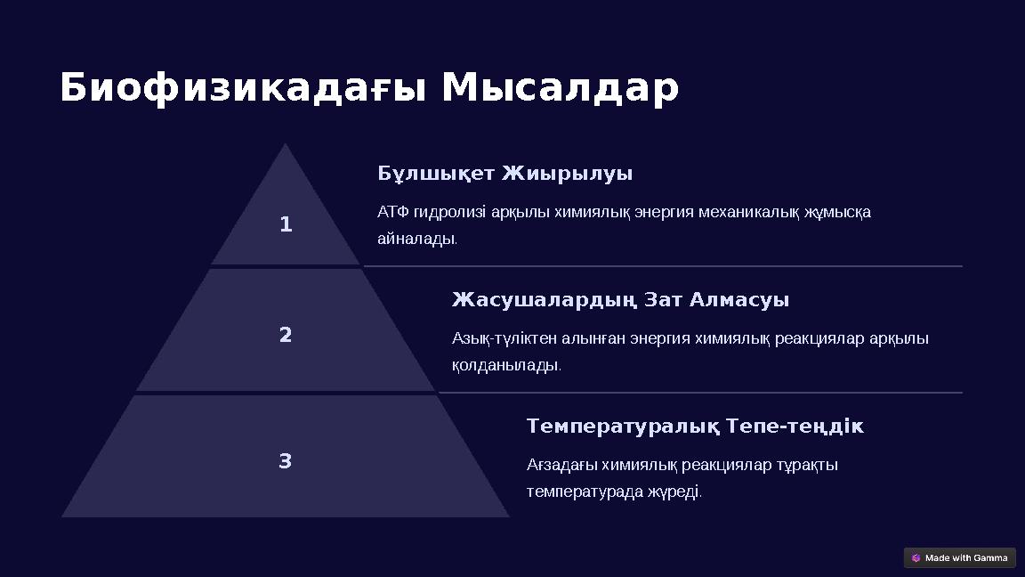 Биофизикадағы Мысалдар 1 Бұлшықет Жиырылуы АТФ гидролизі арқылы химиялық энергия механикалық жұмысқа айналады. 2 Жасушалардың З
