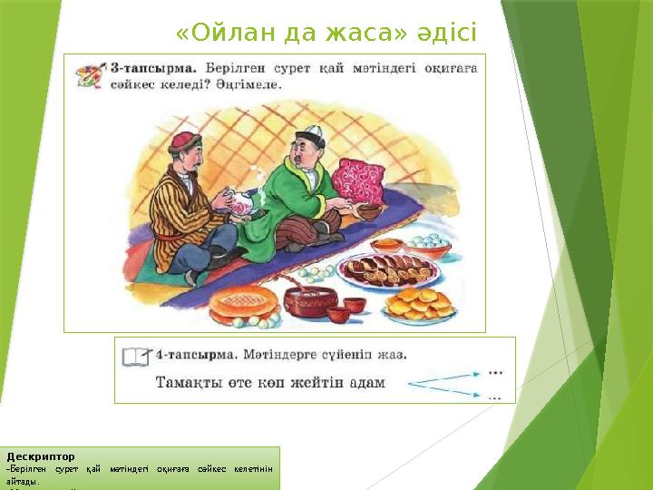 Дескриптор -Берілген сурет қай мәтіндегі оқиғаға сәйкес келетінін айтады. -Мәтіндерге сүйеніп жазады. «Ойлан д