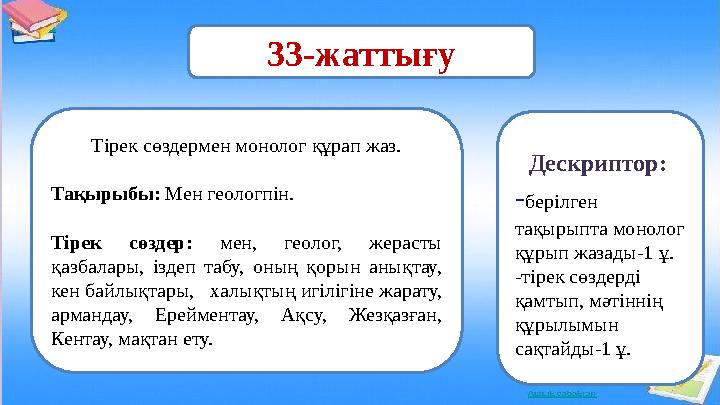 33-жаттығу Дескриптор: -берілген тақырыпта монолог құрып жазады-1 ұ. -тірек сөздерді қамтып, мәтіннің құрылымын сақтайды-