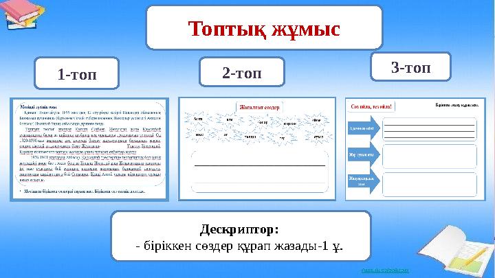 Топтық жұмыс 1-топ 2-топ 3-топ Дескриптор: - біріккен сөздер құрап жазады-1 ұ.