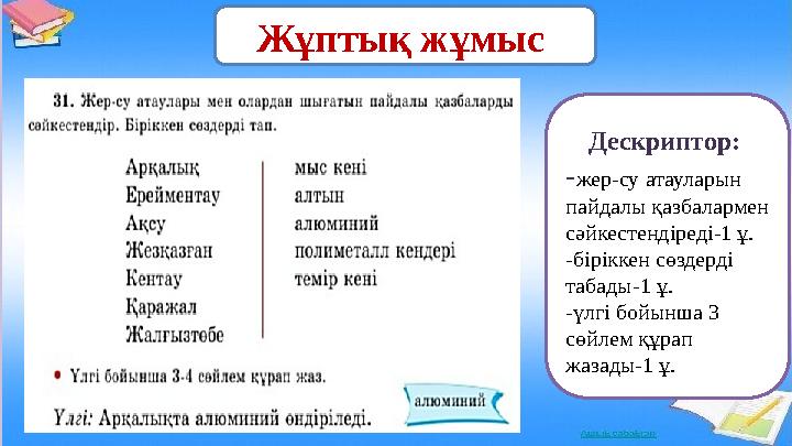 Жұптық жұмыс Дескриптор: -жер-су атауларын пайдалы қазбалармен сәйкестендіреді-1 ұ. -біріккен сөздерді табады-1 ұ. -үлгі