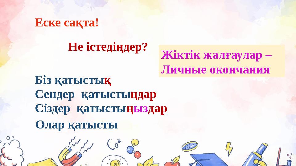 Біз қатыстық Сендер қатыстыңдар Олар қатысты Не істедіңдер? Сіздер қатыстыңыздар Еске сақта! Жіктік жалғаулар – Личные оконча