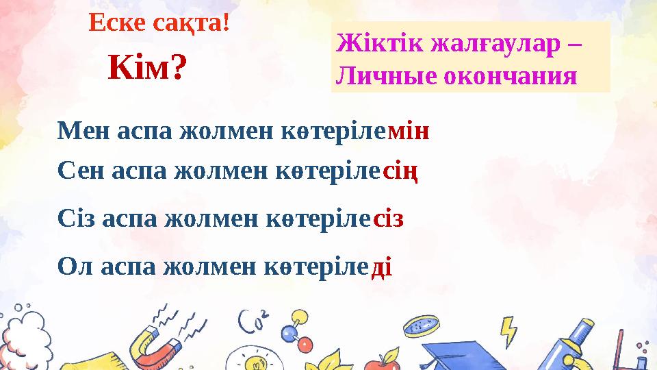 Мен аспа жолмен көтеріле мін сің сіз Еске сақта! Кім? Жіктік жалғаулар – Личные окончания ді Сен аспа жолмен көтеріле Сіз аспа