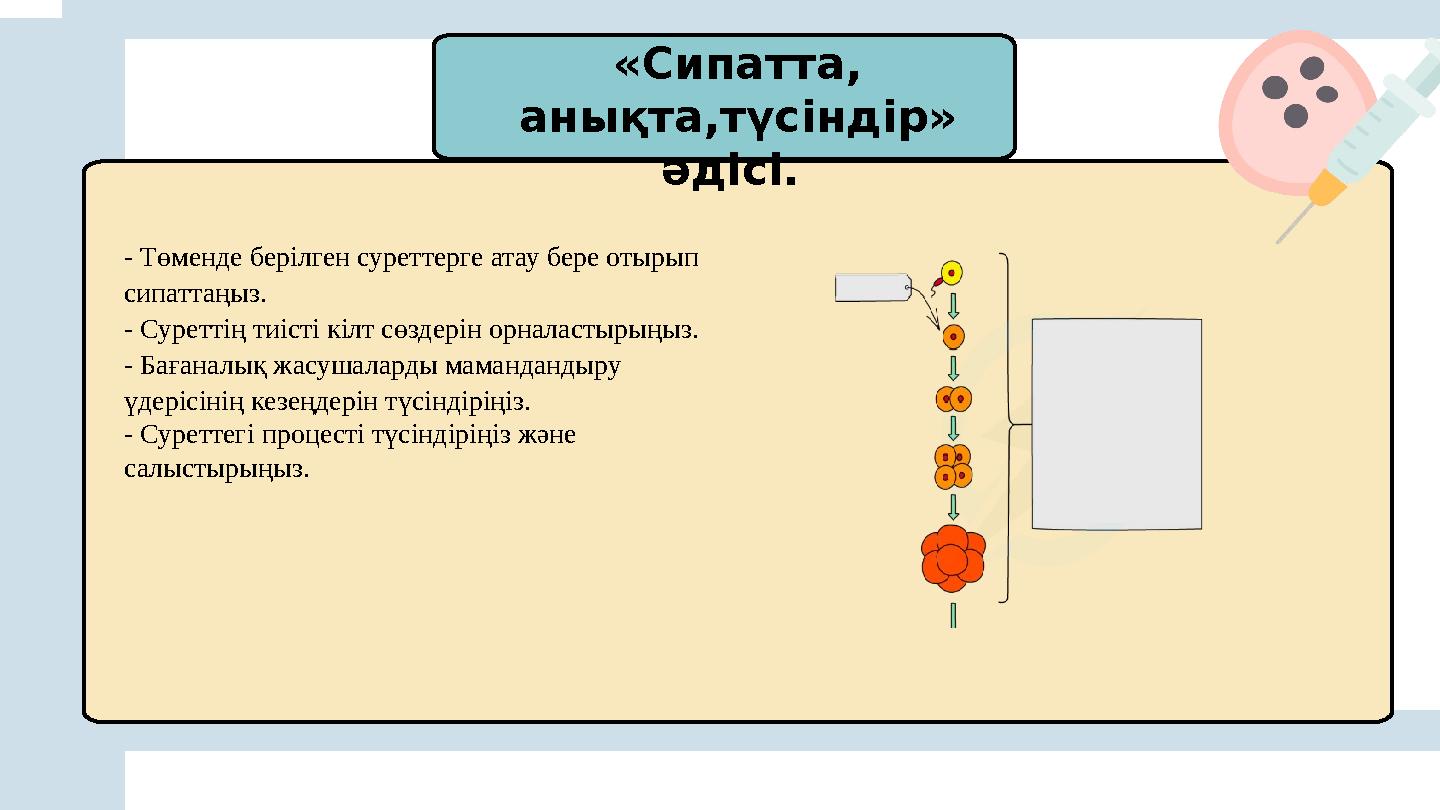 «Сипатта, анықта,түсіндір» әдісі. - Төменде берілген суреттерге атау бере отырып сипаттаңыз. - Суреттің тиісті кілт сөздер