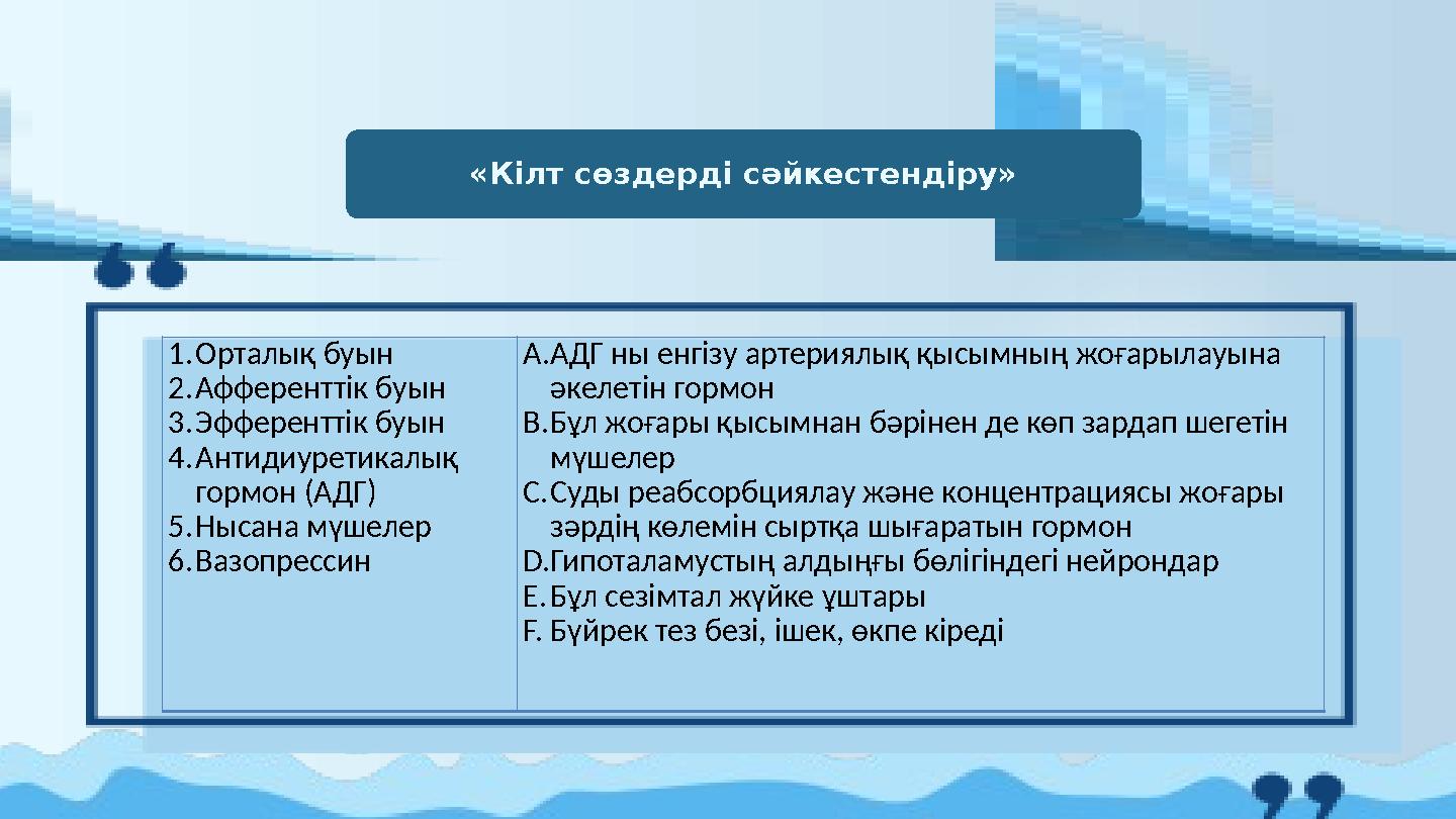 «Кілт сөздерді сәйкестендіру» 1.Орталық буын 2.Афференттік буын 3.Эфференттік буын 4.Антидиуретикалық гормон (АДГ) 5.Нысана
