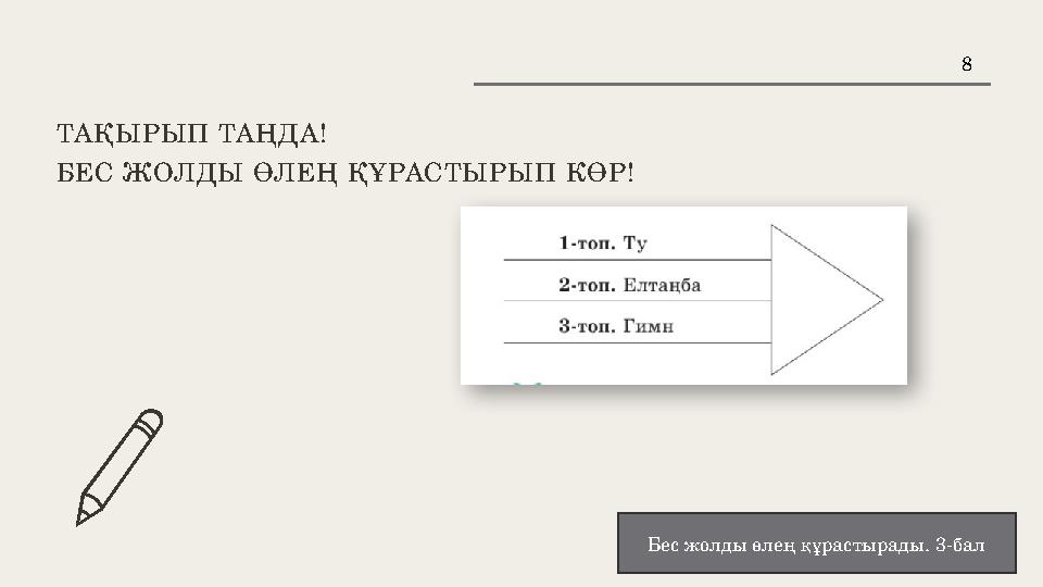 8 ТАҚЫРЫП ТАҢДА! БЕС ЖОЛДЫ ӨЛЕҢ ҚҰРАСТЫРЫП КӨР! Бес жолды өлең құрастырады. 3-бал 8 ТАҚЫРЫП ТАҢДА! БЕС ЖОЛДЫ ӨЛЕҢ ҚҰРАСТЫРЫП КӨР! Бес жолды өлең құрастырады. 3-бал