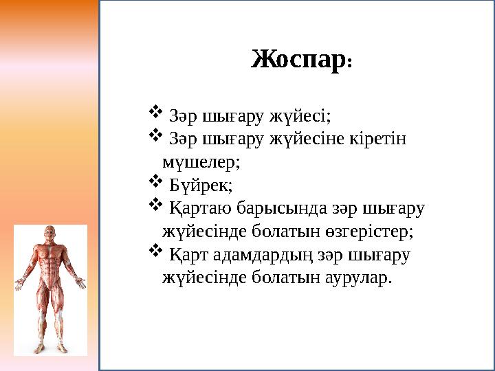 Жоспар:  Зәр шығару жүйесі;  Зәр шығару жүйесіне кіретін мүшелер;  Бүйрек;  Қартаю барысында зәр шығару жүйесінде болатын