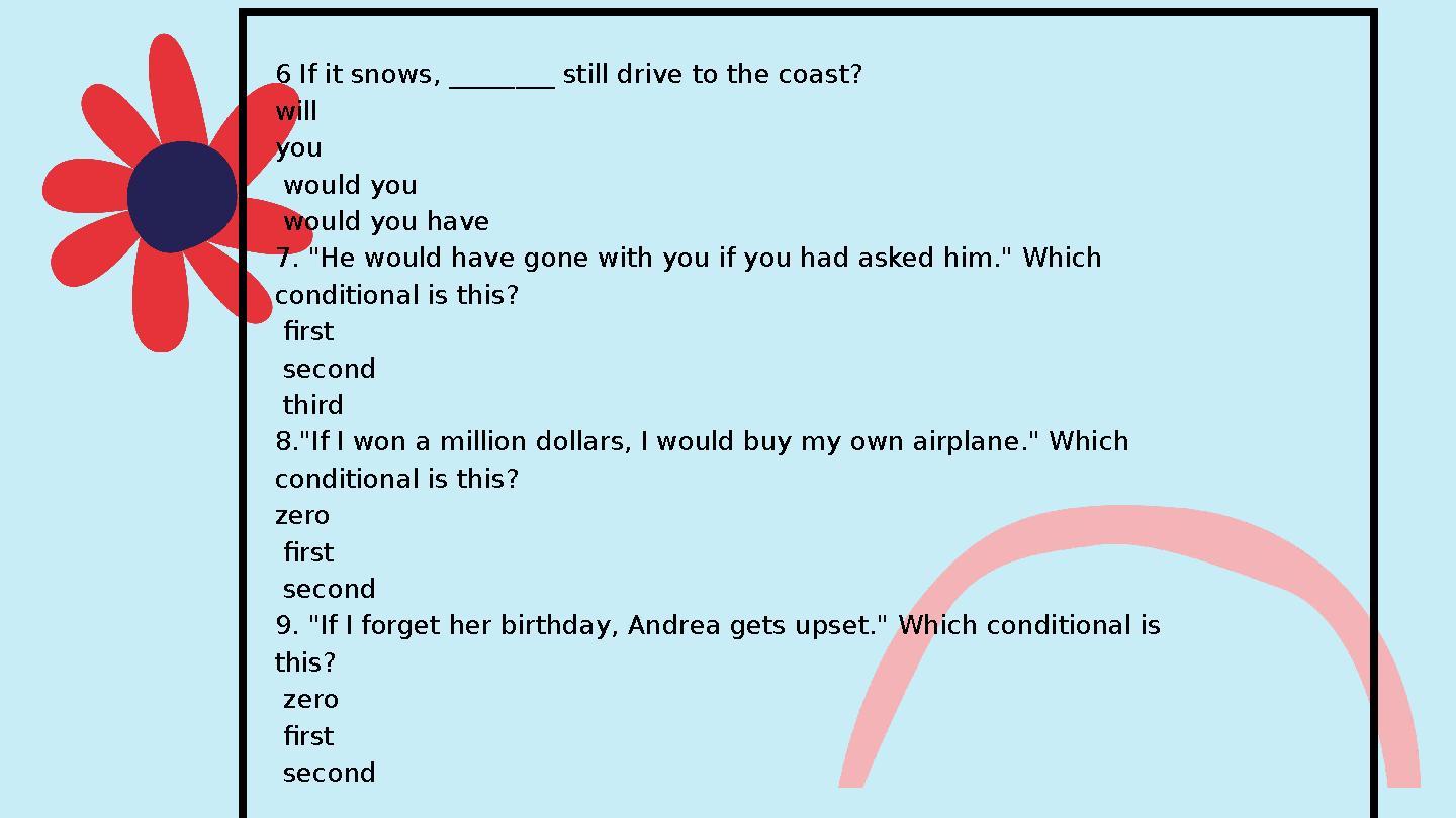 6 If it snows, ________ still drive to the coast? will you would you would you have 7. "He would have gone with you 6 If it snows, ________ still drive to the coast? will you would you would you have 7. "He would have gone with you