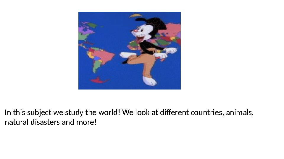 In this subject we study the world! We look at different countries, animals, natural disasters and more! In this subject we study the world! We look at different countries, animals, natural disasters and more!