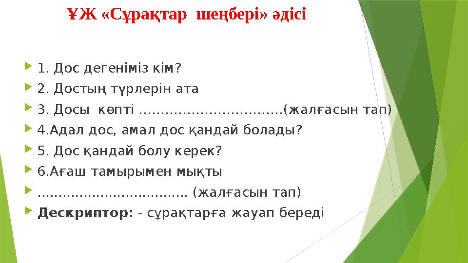 ҰЖ «Сұрақтар шеңбері» әдісі 1. Дос дегеніміз кім? 2. Достың түрлерін ата 3. Досы көпті ……………………………
