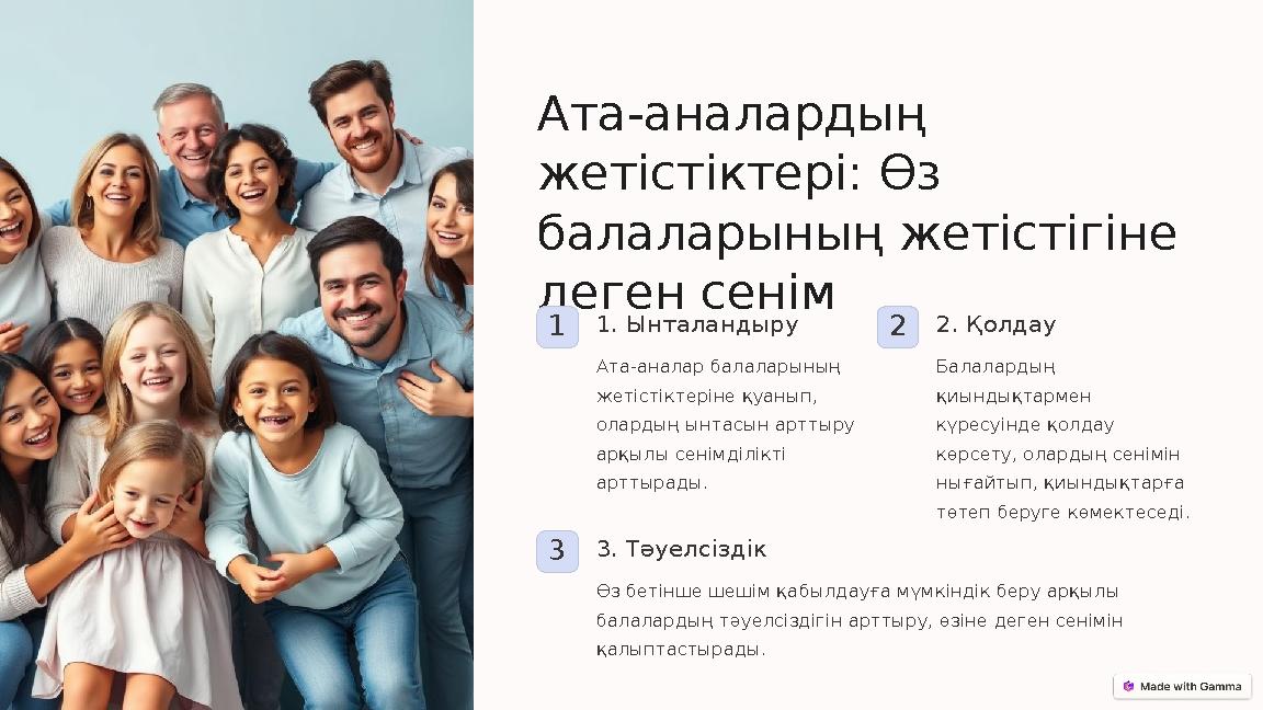 Ата-аналардың жетістіктері: Өз балаларының жетістігіне деген сенім 11. Ынталандыру Ата-аналар балаларының жетістіктеріне қуа