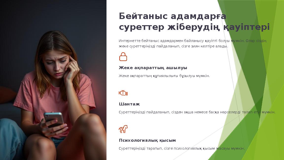 Бейтаныс адамдарға суреттер жіберудің қауіптері Интернетте бейтаныс адамдармен байланысу қауіпті болуы мүмкін.