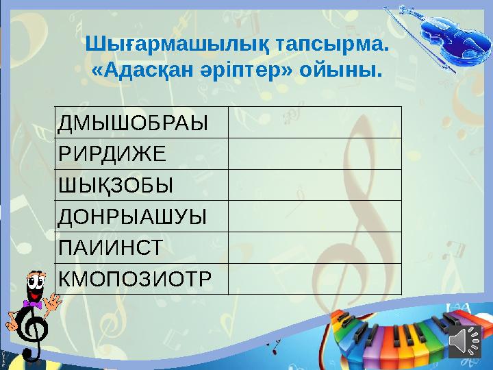 Шығармашылық тапсырма. «Адасқан әріптер» ойыны. ДМЫШОБРАЫ РИРДИЖЕ ШЫҚЗОБЫ ДОНРЫАШУЫ ПАИИНСТ КМОПОЗИОТР