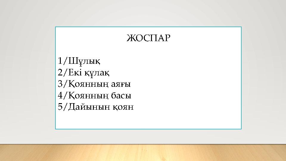 ЖОСПАР 1/Шұлық 2/Екі құлақ 3/Қоянның аяғы 4/Қоянның басы 5/Дайынын қоян