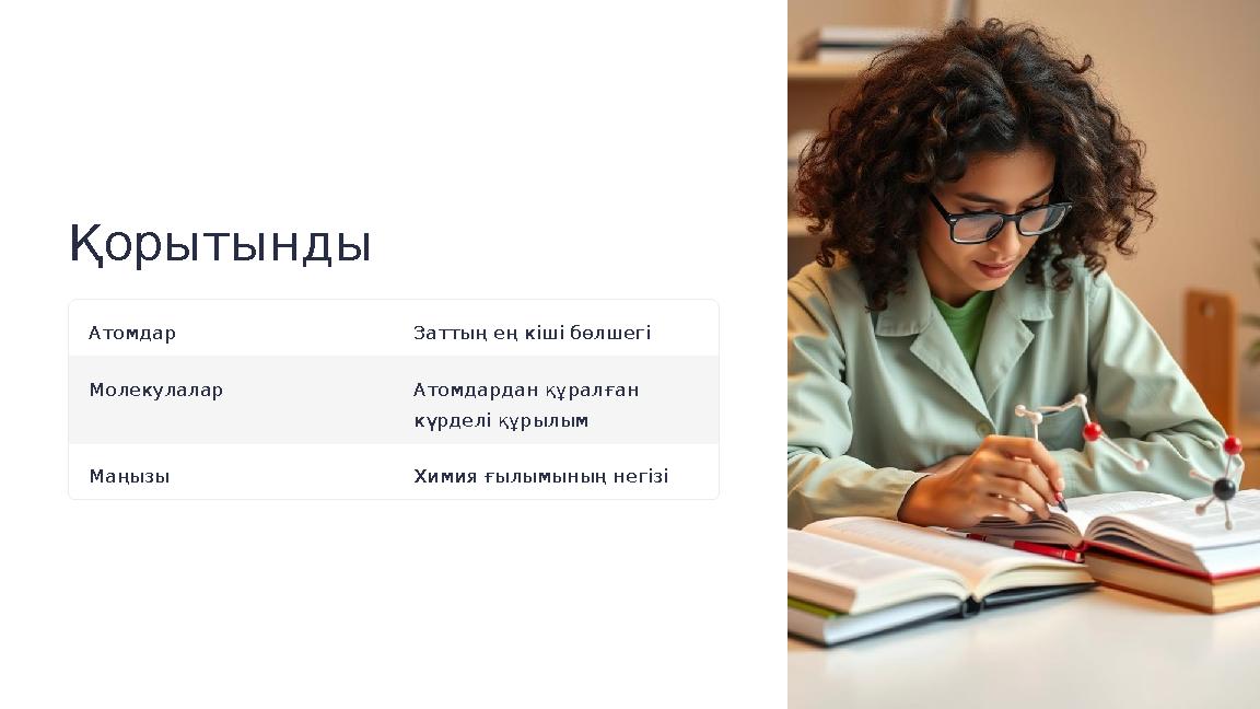 Қорытынды Атомдар Заттың ең кіші бөлшегі Молекулалар Атомдардан құралған күрделі құрылым Маңызы Химия ғылымының негізі