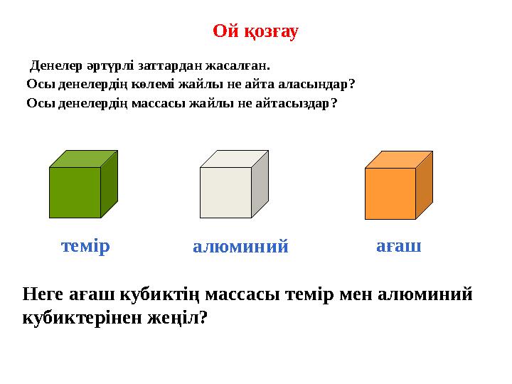 Ой қозғау Денелер әртүрлі заттардан жасалған. Осы денелердің көлемі жайлы не айта аласындар? Осы денелердің массасы жайлы не