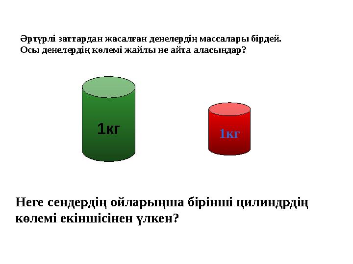 Әртүрлі заттардан жасалған денелердің массалары бірдей. Осы денелердің көлемі жайлы не айта аласыңдар? Неге сендердің