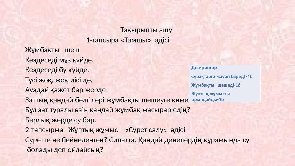 Тақырыпты ашу 1-тапсыра «Тамшы» әдісі