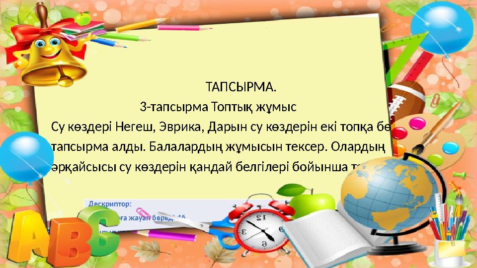ТАПСЫРМА. 3-тапсырма Топтық жұмыс Су көздері Н