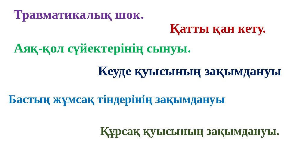 Травматикалық шок. Қатты қан кету. Аяқ-қол сүйектерінің сынуы. Бастың жұмсақ тіндерінің зақымдануы Кеуде қуысының зақымдануы Құр