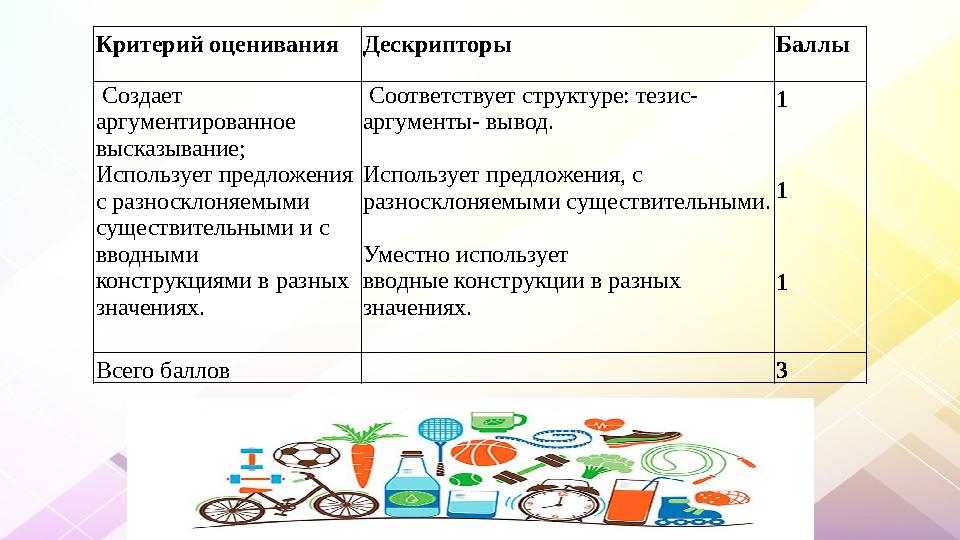 Критерий оцениванияДескрипторы Баллы Создает аргументированное высказывание; Использует предложения с разносклоняемыми суще Критерий оцениванияДескрипторы Баллы Создает аргументированное высказывание; Использует предложения с разносклоняемыми суще