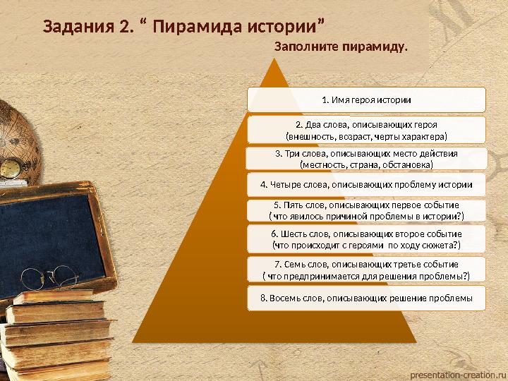 1. Имя героя истории 2. Два слова, описывающих героя (внешность, возраст, черты характера) 3. Три слова, описывающих ме 1. Имя героя истории 2. Два слова, описывающих героя (внешность, возраст, черты характера) 3. Три слова, описывающих ме