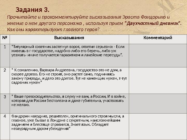Задания 3. Прочитайте и прокомментируйте высказывания Эраста Фандорина и мнение о нем другого персонажа , используя прием Задания 3. Прочитайте и прокомментируйте высказывания Эраста Фандорина и мнение о нем другого персонажа , используя прием
