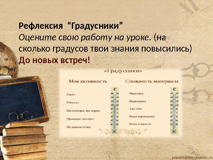 Рефлексия “Градусники” Оцените свою работу на уроке. (на сколько градусов твои знания повысились) До новых встреч! Рефлексия “Градусники” Оцените свою работу на уроке. (на сколько градусов твои знания повысились) До новых встреч!