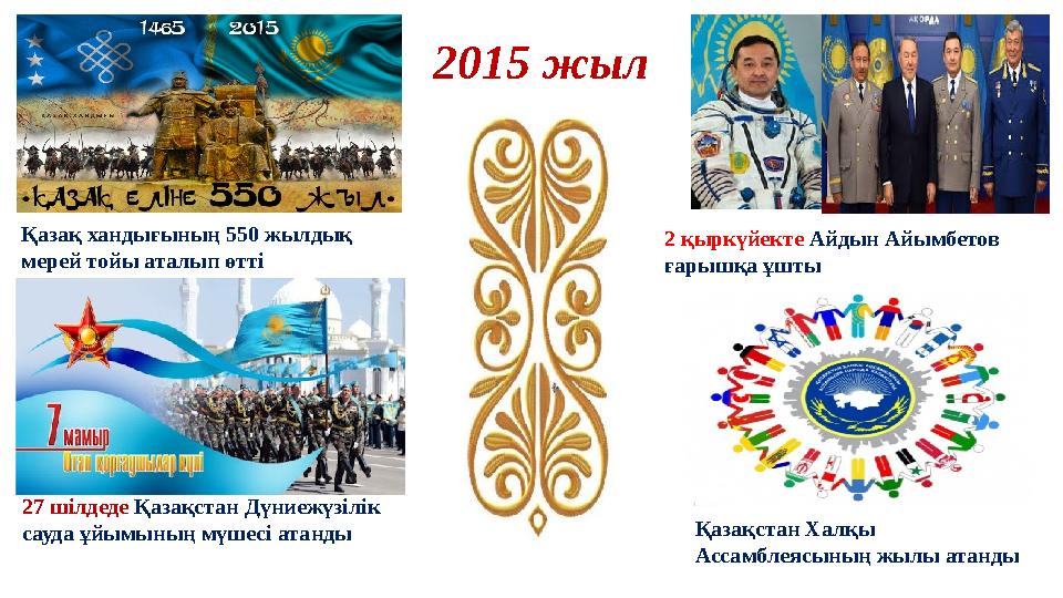 2015 жыл Қазақ хандығының 550 жылдық мерей тойы аталып өтті 2 қыркүйекте Айдын Айымбетов ғарышқа ұшты Қазақстан Халқы Ассам