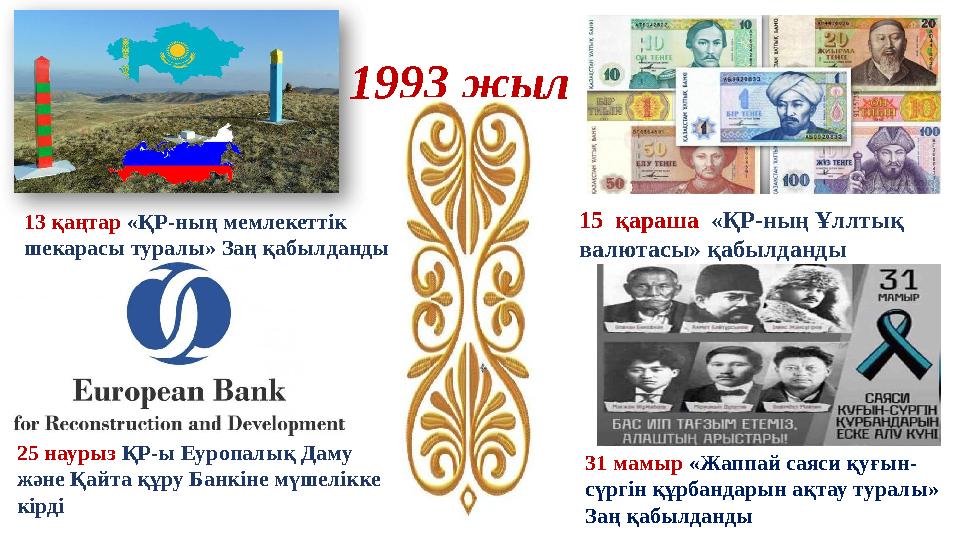 13 қаңтар «ҚР-ның мемлекеттік шекарасы туралы» Заң қабылданды 1993 жыл 15 қараша «ҚР-ның Ұллтық валютасы» қабылданды 25 нау