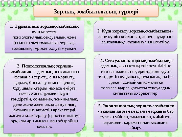 Зорлық-зомбылықтың түрлері 1. Тұрмыстық зорлық-зомбылық күш көрсету, психологиялық,сексуалдық және (немесе) экономикалық зо