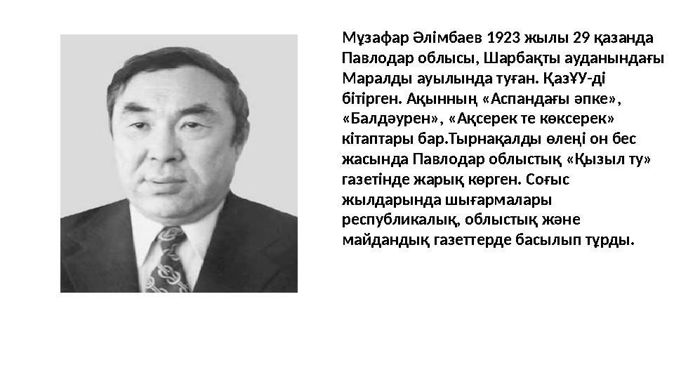 Мұзафар Әлімбаев 1923 жылы 29 қазанда Павлодар облысы, Шарбақты ауданындағы Маралды ауылында туған. ҚазҰУ-ді бітірген. Ақынны