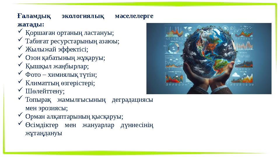 Ғаламдық экологиялық мәселелерге жатады: Қоршаған ортаның ластануы; Табиғат ресурстарының азаюы; Жылыжай эффектісі; Озон қа