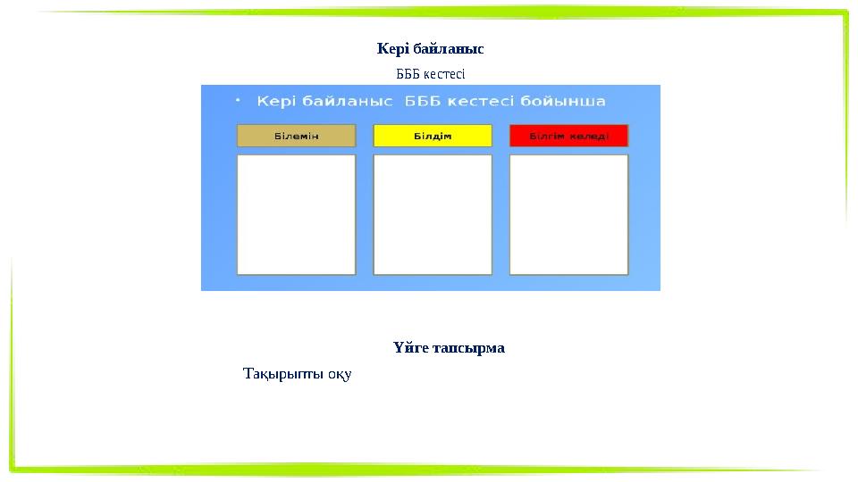 Кері байланыс БББ кестесі Үйге тапсырма Тақырыпты оқу