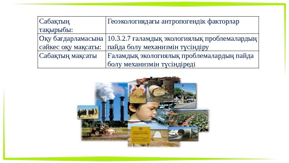 Сабақтың тақырыбы: Геоэкологиядағы антропогендік факторлар Оқу бағдарламасына сәйкес оқу мақсаты: 10.3.2.7 ғаламдық экологиялы
