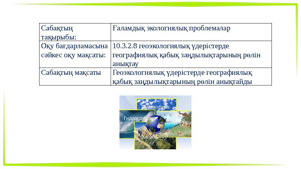 Сабақтың тақырыбы: Ғаламдық экологиялық проблемалар Оқу бағдарламасына сәйкес оқу мақсаты: 10.3.2.8 геоэкологиялық үдерістерде
