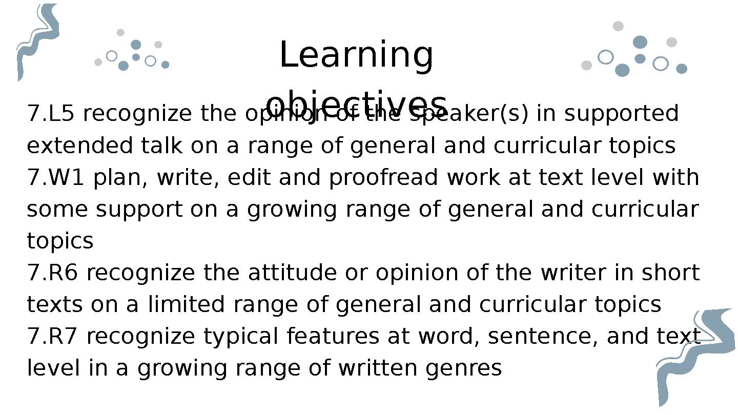 7.L5 recognize the opinion of the speaker(s) in supported extended talk on a range of general and curricular topics 7.W1 plan, 7.L5 recognize the opinion of the speaker(s) in supported extended talk on a range of general and curricular topics 7.W1 plan,