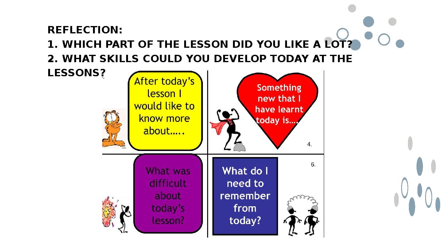 REFLECTION: 1. WHICH PART OF THE LESSON DID YOU LIKE A LOT? 2. WHAT SKILLS COULD YOU DEVELOP TODAY AT THE LESSONS? REFLECTION: 1. WHICH PART OF THE LESSON DID YOU LIKE A LOT? 2. WHAT SKILLS COULD YOU DEVELOP TODAY AT THE LESSONS?