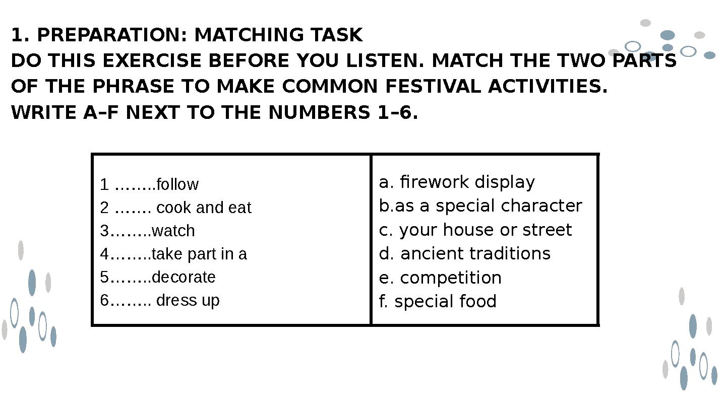 1 ……..follow 2 ……. cook and eat 3……..watch 4……..take part in a 5……..decorate 6…….. dress up a. firework display b.as a speci 1 ……..follow 2 ……. cook and eat 3……..watch 4……..take part in a 5……..decorate 6…….. dress up a. firework display b.as a speci