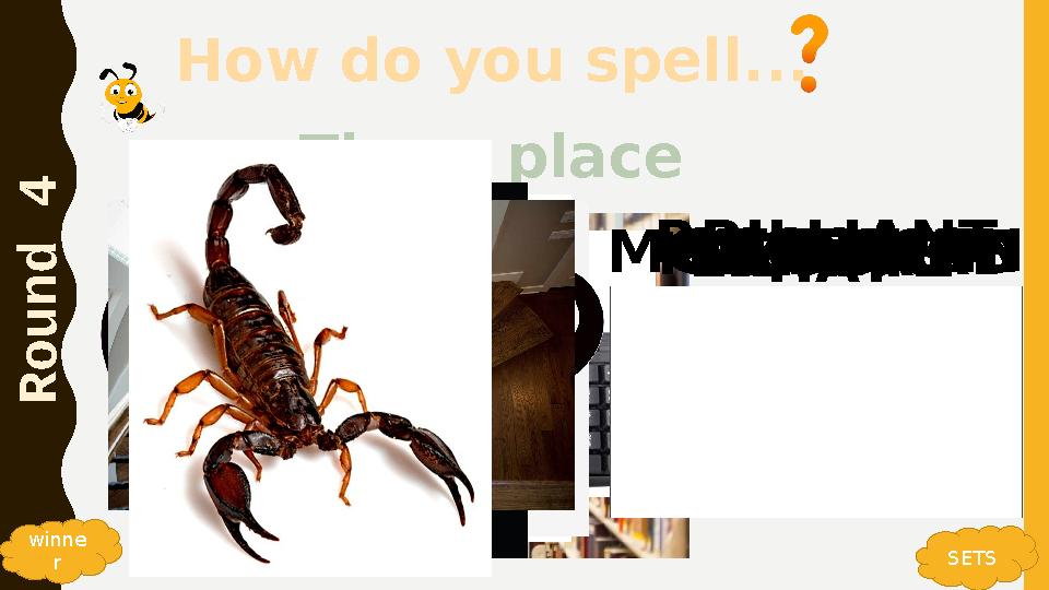 How do you spell... R o u n d 4 SETS Tip: a place LIBRARYKEYBOARDHATKETCHUP winne r MOUSTACHEBRILLIANTSTAIRSSCORPION How do you spell... R o u n d 4 SETS Tip: a place LIBRARYKEYBOARDHATKETCHUP winne r MOUSTACHEBRILLIANTSTAIRSSCORPION
