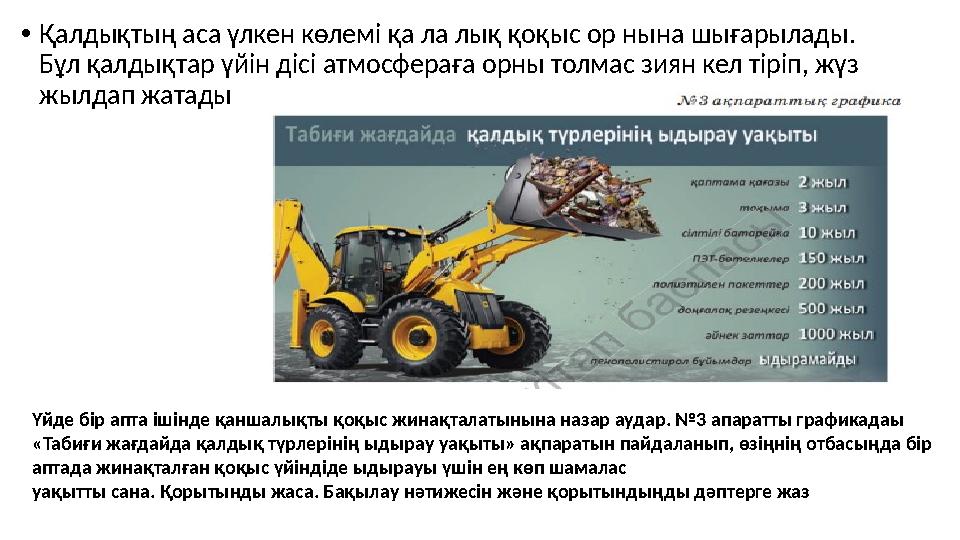 •Қалдықтың аса үлкен көлемі қа ла лық қоқыс ор нына шығарылады. Бұл қалдықтар үйін дісі атмосфераға орны толмас зиян кел тіріп,