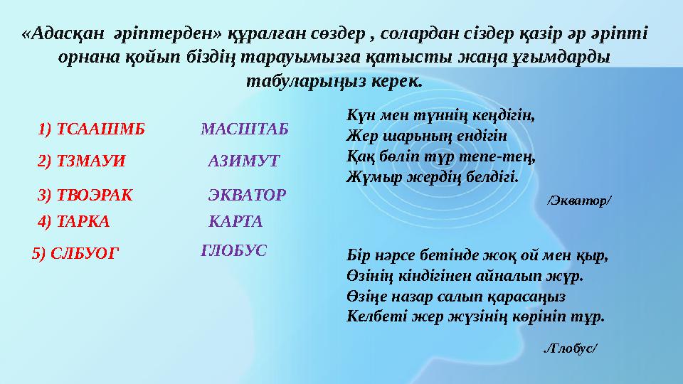 «Адасқан әріптерден» құралған сөздер , солардан сіздер қазір әр әріпті орнана қойып біздің тарауымызға қатысты жаңа ұғымдарды