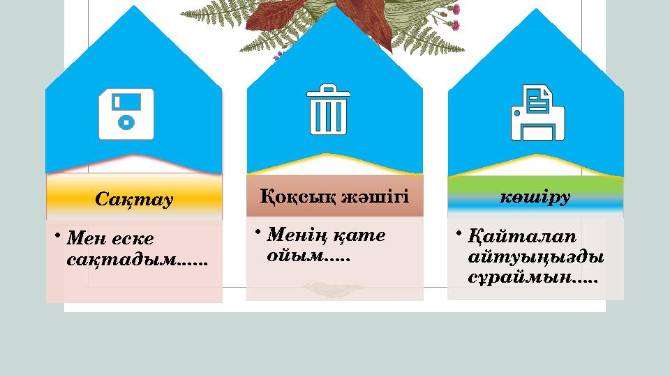 Сақтау •Мен еске сақтадым...... Қоқсық жәшігі •Менің қате ойым..... көшіру •Қайталап айтуыңызды сұраймын.....