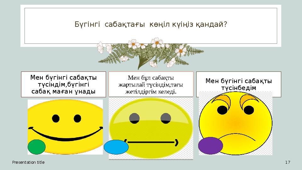 Бүгінгі сабақтағы көңіл күіңіз қандай? Presentation title 17 Мен бүгінгі сабақты түсіндім,бүгінгі сабақ маған ұнады Мен бұл