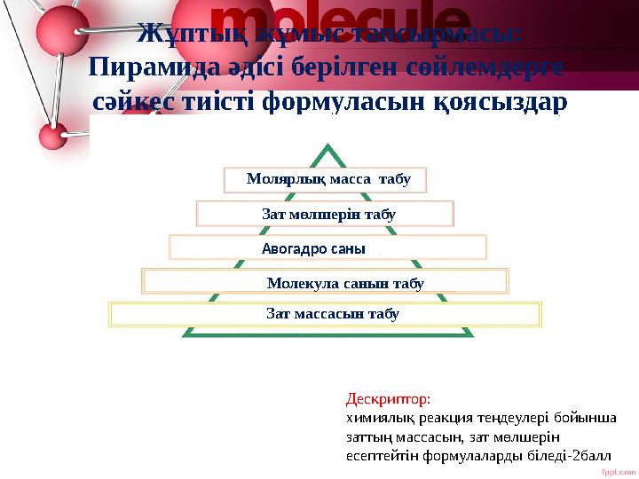Жұптық жұмыс тапсырмасы: Пирамида әдісі берілген сөйлемдерге сәйкес тиісті формуласын қоясыздар Дескриптор: химиялық реакция те