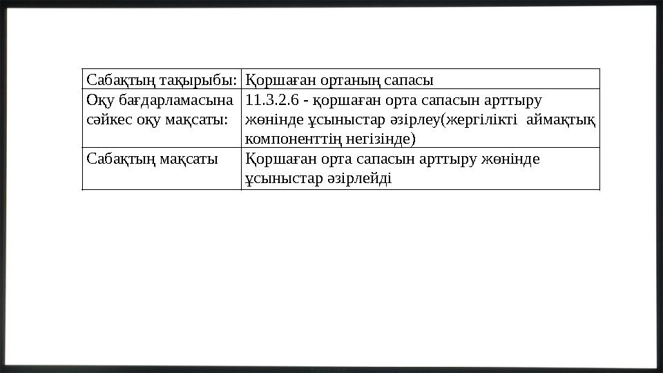 Сабақтың тақырыбы:Қоршаған ортаның сапасы Оқу бағдарламасына сәйкес оқу мақсаты: 11.3.2.6 - қоршаған орта сапасын арттыру жөні