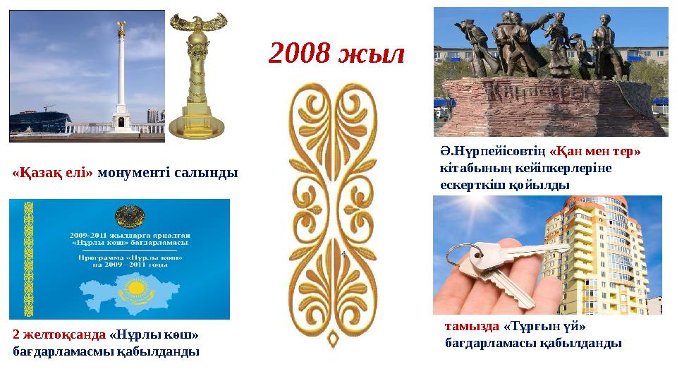 2008 жыл «Қазақ елі» монументі салынды Ә.Нүрпейісовтің «Қан мен тер» кітабының кейіпкерлеріне ескерткіш қойылды тамызда «Тұр