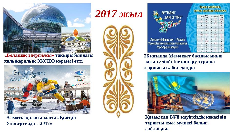 2017 жыл «Болашақ энергиясы» тақырыбындағы халықаралық ЭКСПО көрмесі өтті 26 қазанда Мемлекет басшысының латын әліпбиіне көші