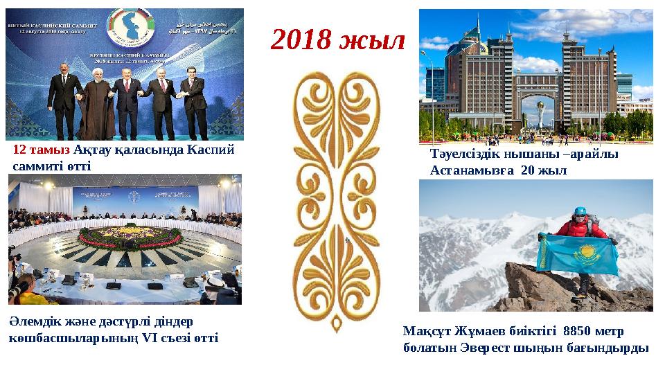2018 жыл 12 тамыз Ақтау қаласында Каспий саммиті өтті Тәуелсіздік нышаны –арайлы Астанамызға 20 жыл Мақсұт Жұмаев биіктігі