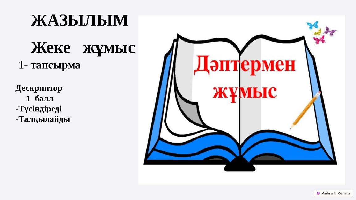 ЖАЗЫЛЫМ Жеке жұмыс 1- тапсырма Дескриптор 1 балл -Түсіндіреді -Талқылайды ЖАЗЫЛЫМ Жеке жұмыс 1- тапсырма Дескриптор 1 балл -Түсіндіреді -Талқылайды
